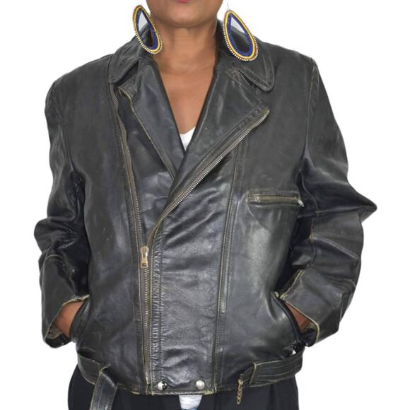Vintage Motorcycle Jacket Leather Distressed Biker Asymmetric Zip 50s Size Small - Picture 2 of 16